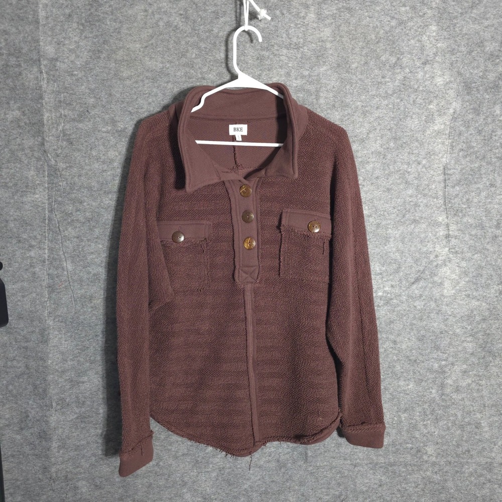 BKE Henley Pullover Women S Brown Waffle Knit Textured Collared Raw Hem Top